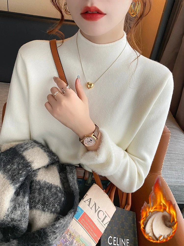 

New Autumn Winter 2025 Solid Warm Pullovers Korean Style Basic Versatile Tops Women Knitted Fleece-Lined Thick Sweater
