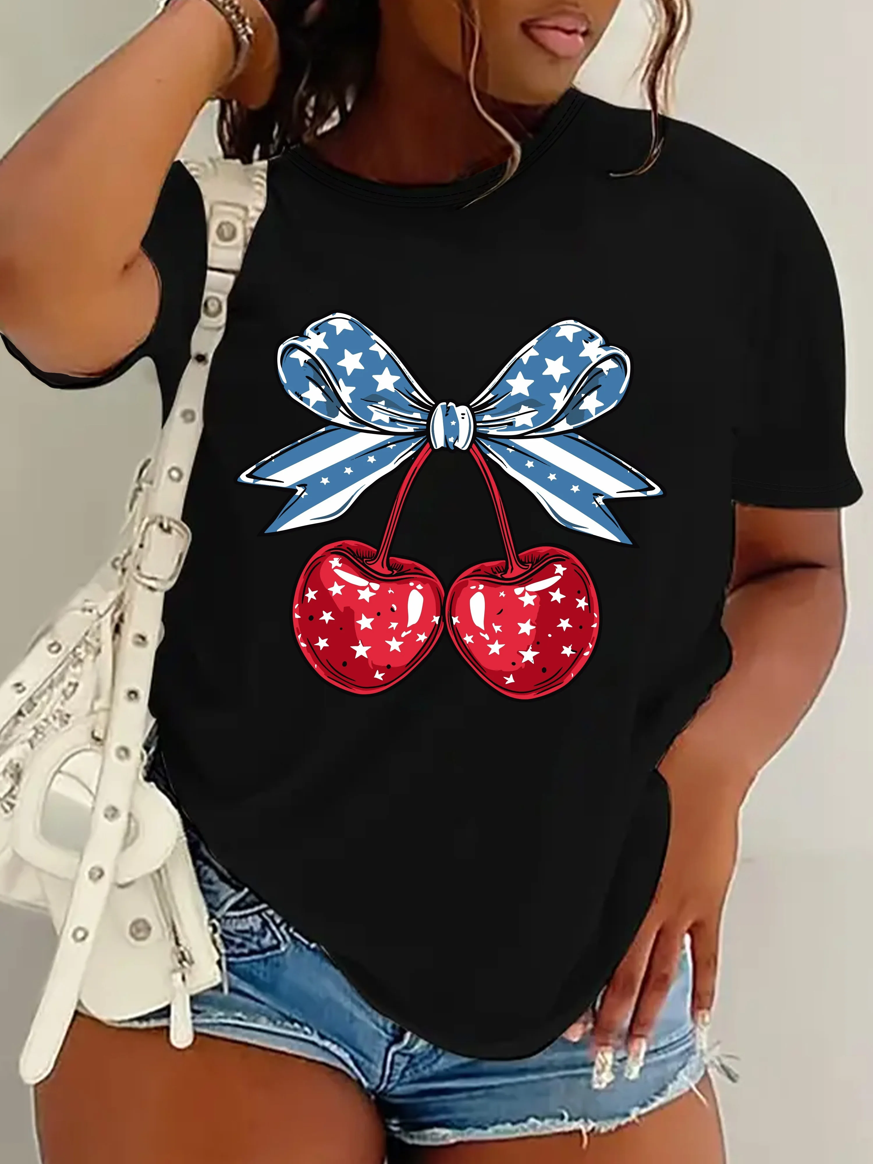 Plus Size Women Religious Patriotic Tshirt American Star Pattern Coquette Bow Starry Cherry Print Casual Short Sleeve Soft Tops Machine-Washable Versatile Shirts for Daily Wear Religious Occasions