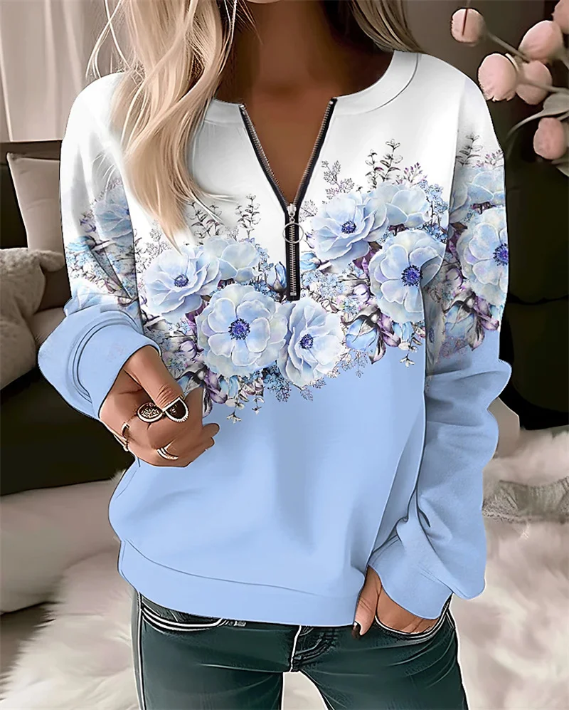 Fashion Print Women\'s Hoodies V-Neck Zipper Sweatshirt Female Harajuku Elegant Slim Long Sleeve Lady Tops Autumn Winter