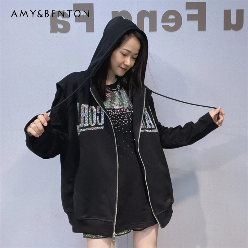 

Diamond-Studded Hooded Vest Cardigan Zipper Sweatshirt Jacket Women Autumn Korean Style Loose Oversized Sleeveless Top Waistcoat