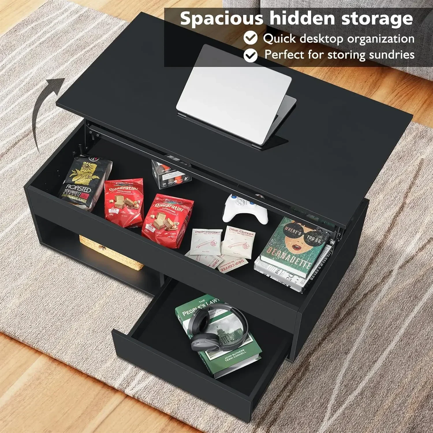 XMSJ-Lift Top Coffee Table dengan Penyimpanan LED Coffee Table Morden High Gloss Ruang Tamu 3 Tingkat Modern Tea Table