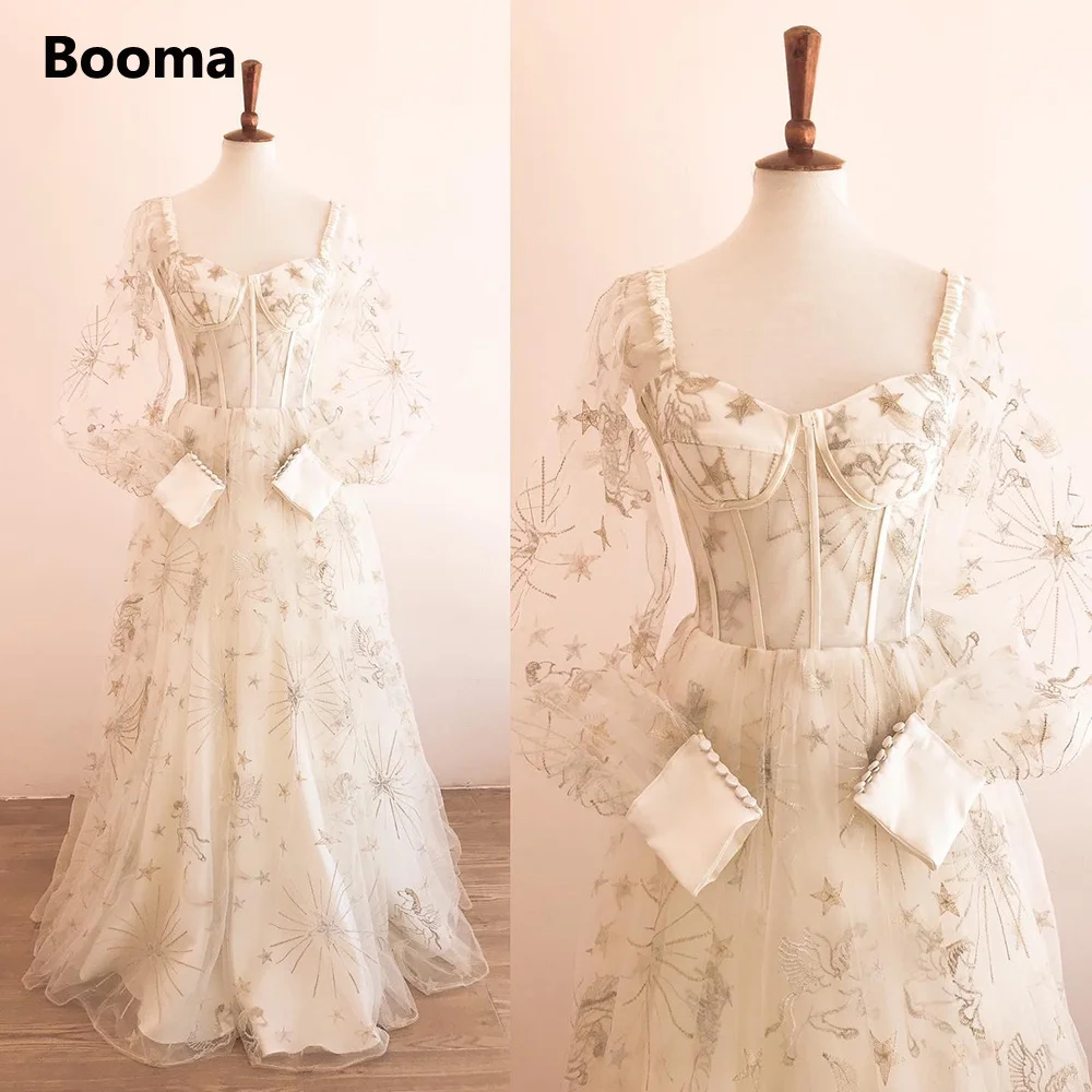 Booma Fairy Constellation Embroidery Tulle Maxi Prom Dresses Sweetheart Long Sleeves A-Line Wedding Party Dresses Customized