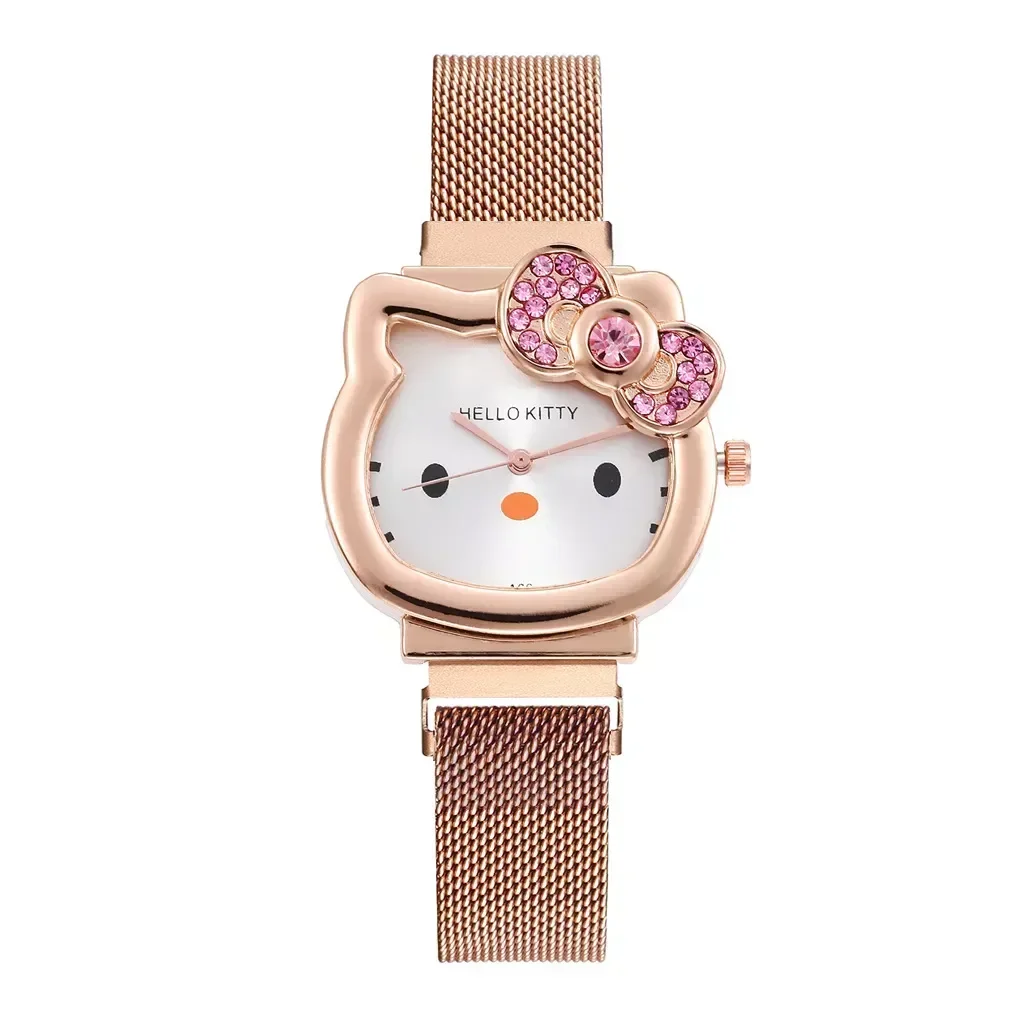 New Hello Kitty Watch Metal Vintage Diamond Bow Ladies Watchs Kawaii Girl Birthday Gift Cute Cartoon Anime Student Magnet Strap