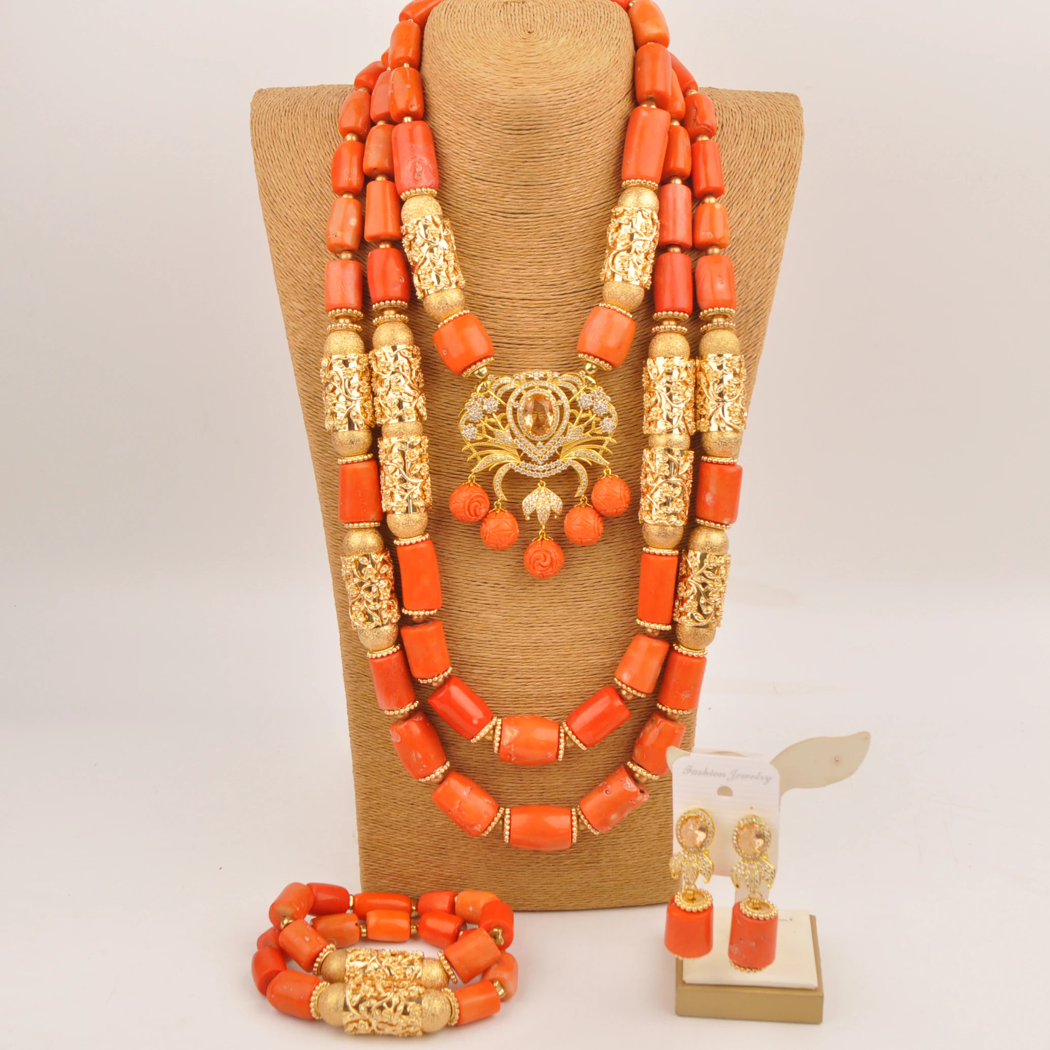 

Nigerian Orange Jewel Set Natural Coral Pearl Jewel set African bride gift