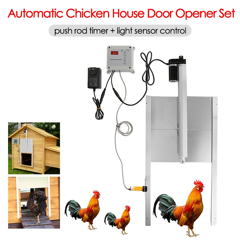 Push Rod Timer + Light Sensor Control Automatic Chicken Cage Door Opener Controller Set with Remote Control for Goose Duck Pet