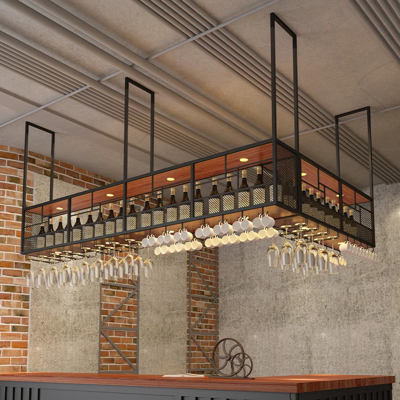 Handmade Custom Modern Industrial Wrought Iron Adjustable Height Panel Ceiling-Mounted Wine Rack Living Room Multi-Size
