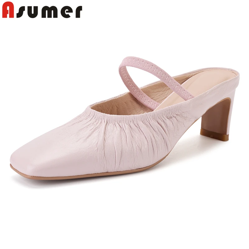 

ASUMER Size 34-43 New Genuine Leather Slippers Women's Mules High Heels Square Toe Pink Yellow Ladies Party Dress Shoes