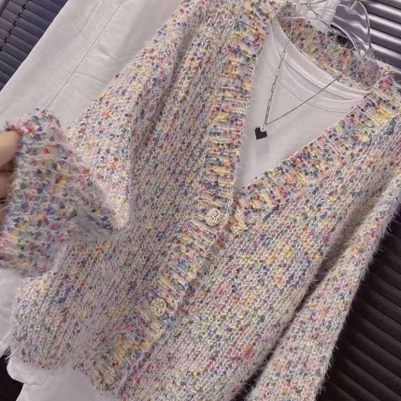 

Fashionable Colorful Floral Knitted Cardigan for Women in Autumn and Winter 2025 New V-neck Long-sleeved Loose Sweater Jacket