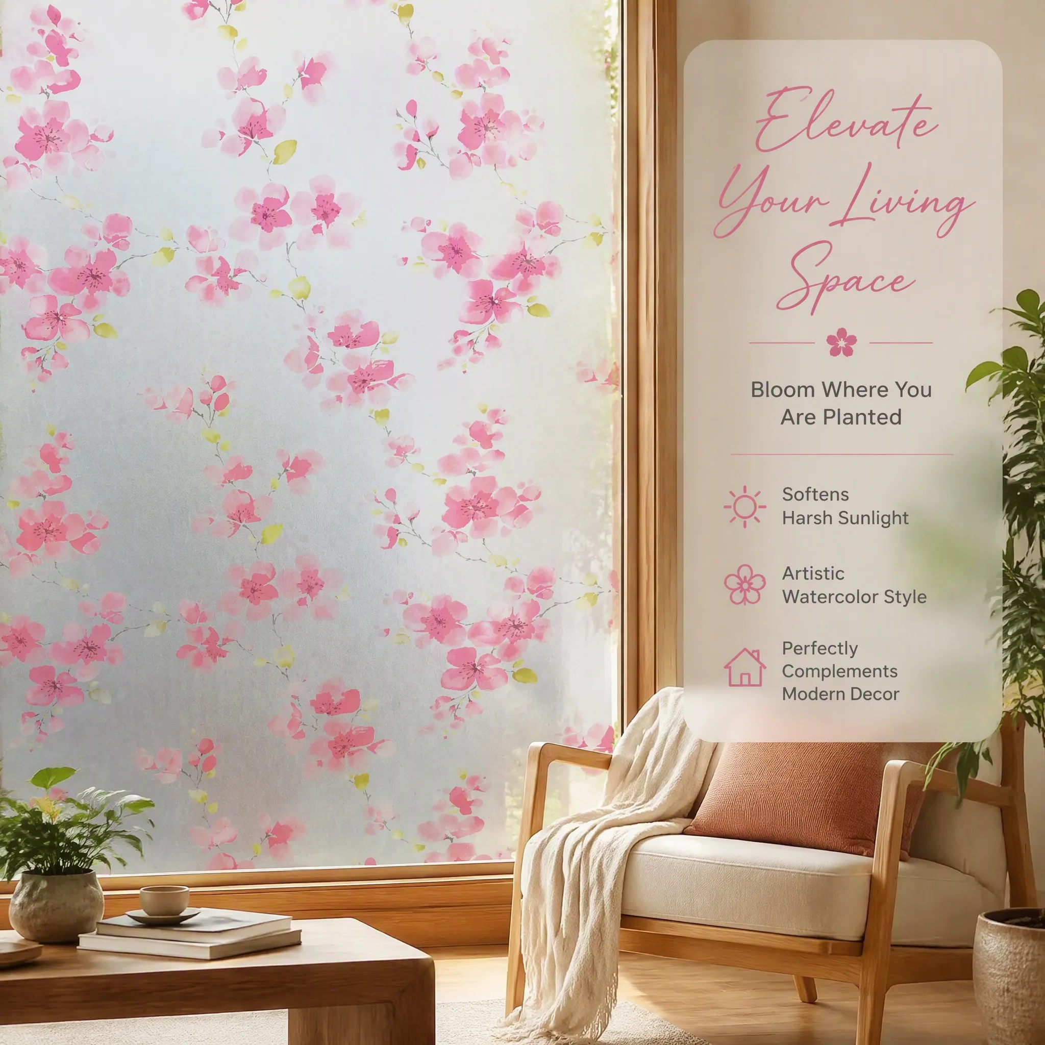 Pink Plum Blossom Watercolor Self Adhesive Frosted Privacy Window Film Floral Branch Design Glass Decorative Sticker Anti UV Opa