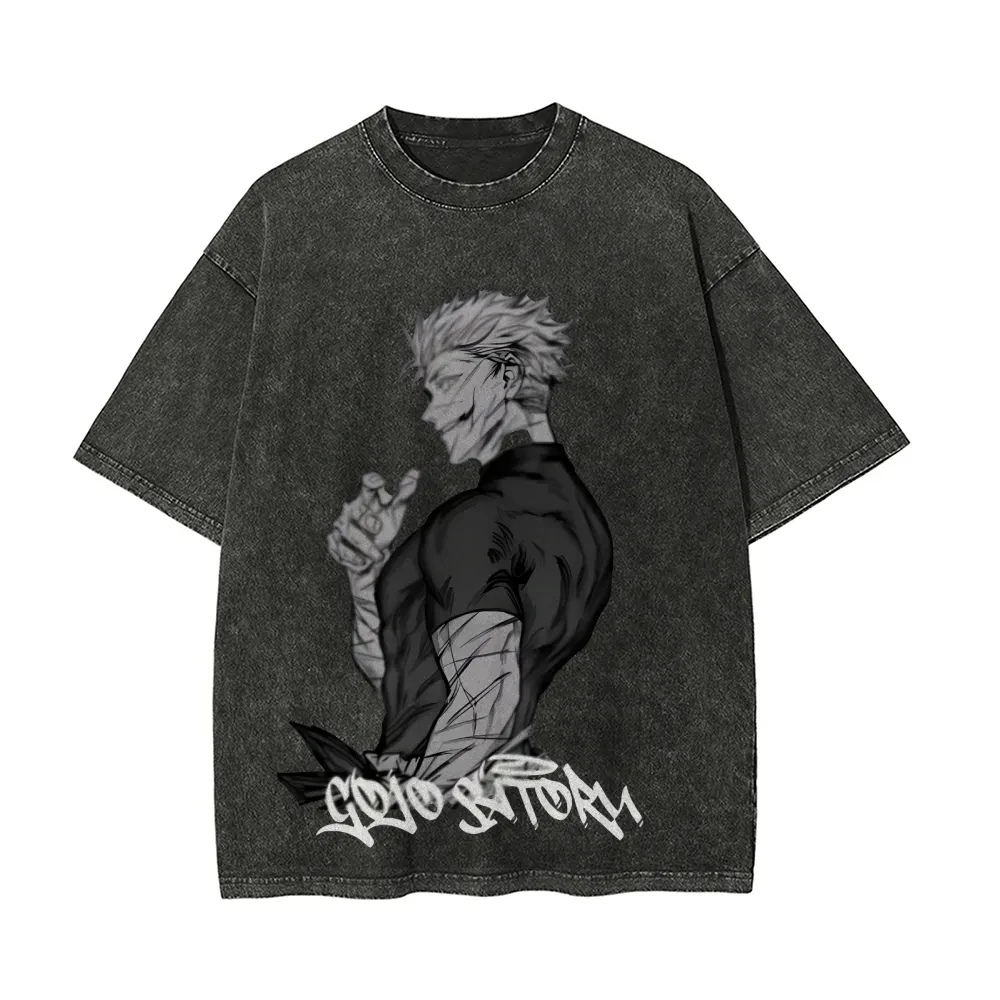 Satoru Gojo Muskel-T-Shirt Jujutsu Kaisen Tee Vintage Washed Oversized Retro Anime Harajuku Herren Streetwear Grafik Fitness Top
