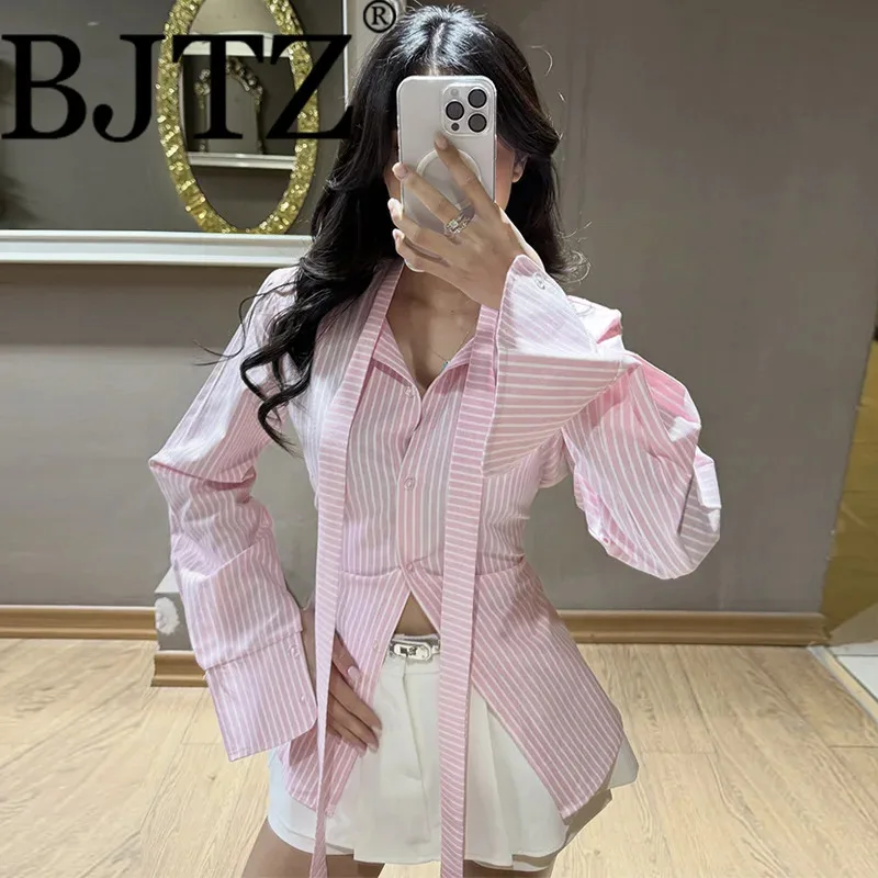 

BJTZ Women's Striped Blouse With Tie Design, Fitted And Waist-restricting Summer Lightweight Jacket Of High Quality 2026