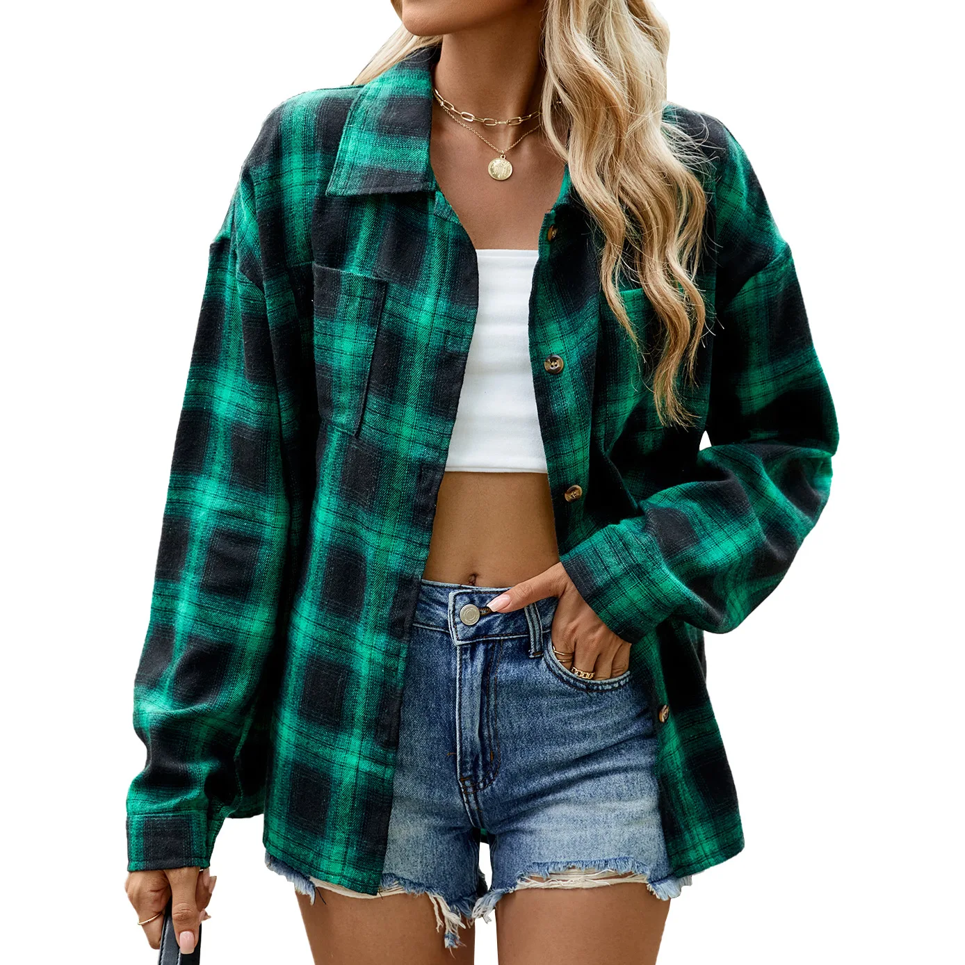 Autumn and Winter Casual Lapel Long Sleeve Pocket Button Plaid Shirt Top Women