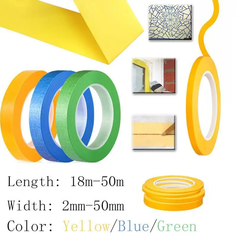 18-50m Yellow Masking Tape 1-5Roll, 2/3/6/8/10/12/15/20/24/18/30/50mm Width, Hand Tearable Paper Tape for Painting DIY Wall Art