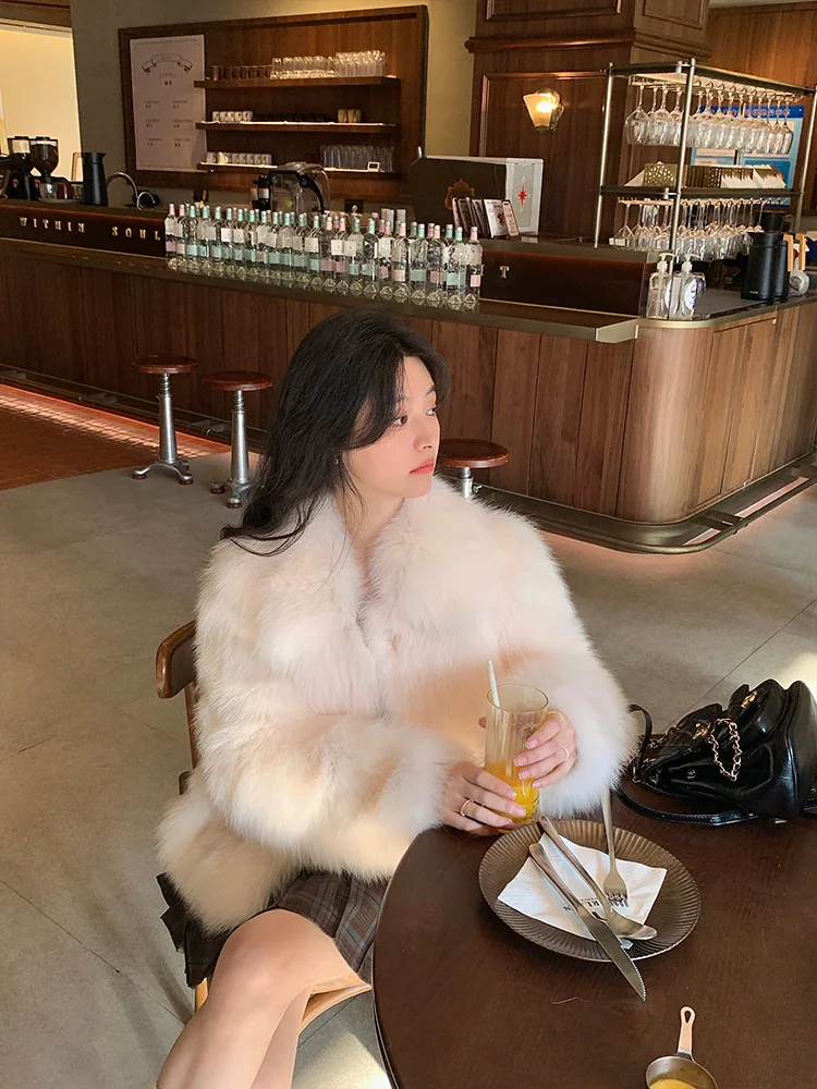 Women Faux Fox Fur Coats Solid Short Jackets Long Sleeves Turn Down Collar Open Stitch Loose Elegant Casual 2026 Autumn Winter