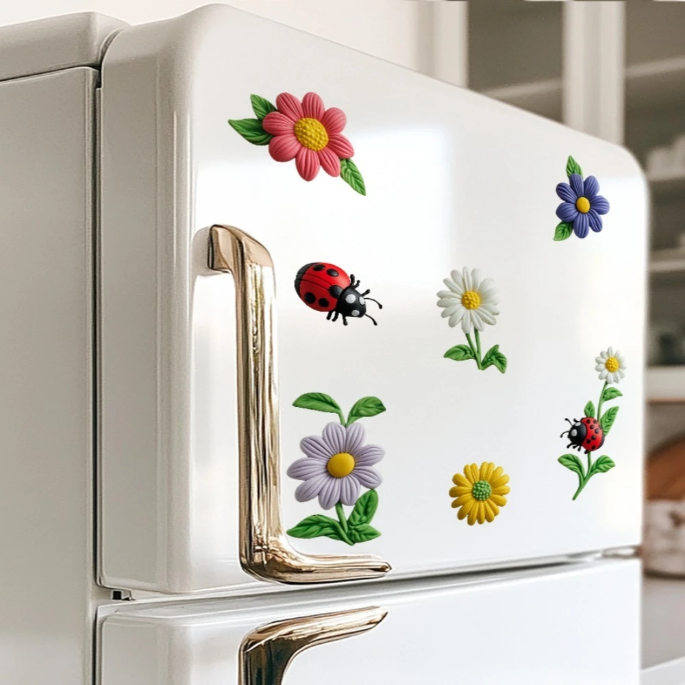 3D Flower Ladybug Refrigerator Magnet Cartoon Kitchen Office Decor Self Adhesive Removable Backing for Fridge Locker Whiteboard view 2