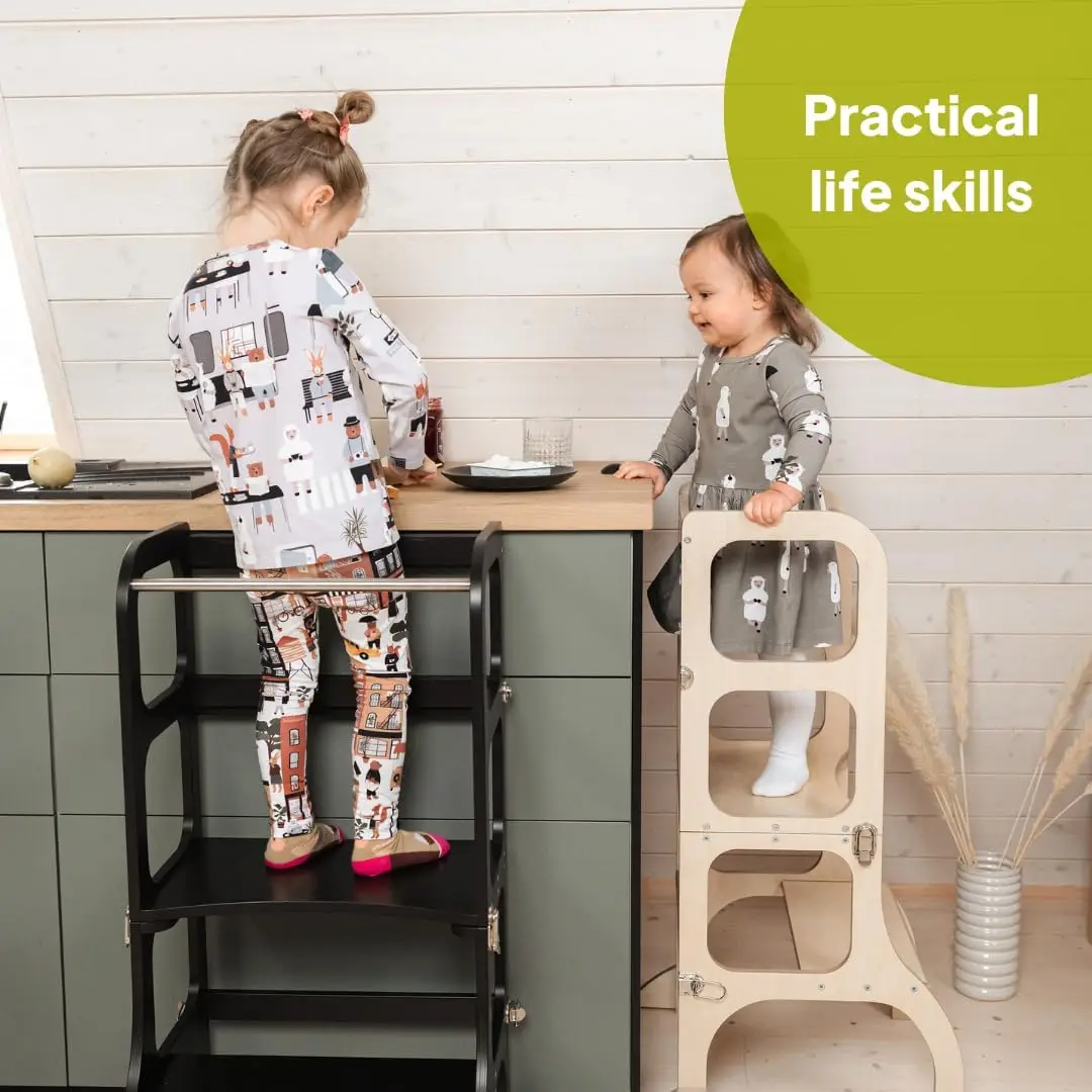 Helper Tower - Table • Convertible 2-in-1 with Support Legs (with Silver Clasps, Wooden)