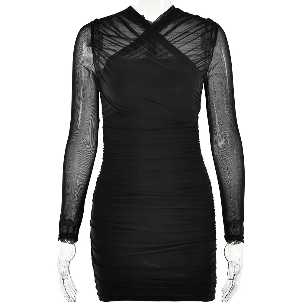 Women's Sheer Mesh Long Sleeve Fashion New Sexy Hot Girl Pleated Bodycon Dress Autumn
