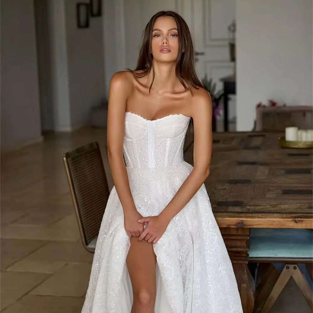 فستان زفاف مخصص قبالة الكتف قابل للانفصال للمرأة العروس بأكمام طويلة وفتحة عالية فستان زفاف كلاسيكي لامع #3