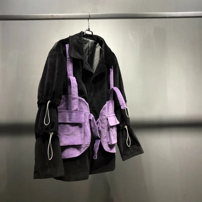 WVGA Autumn Winter New Men Tide Patchwork Trendy Turn-Down Collar Suit Jacket Niche Chic Casual Strap Vest Coats Punk Ins W17338