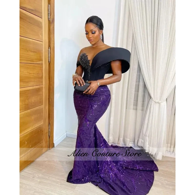 

Off Shoulder Evening Dresses Purple Luxury Long 2026 Mermaid Sequin Bead Aso Ebi Style Black Women African Formal Prom Gowns