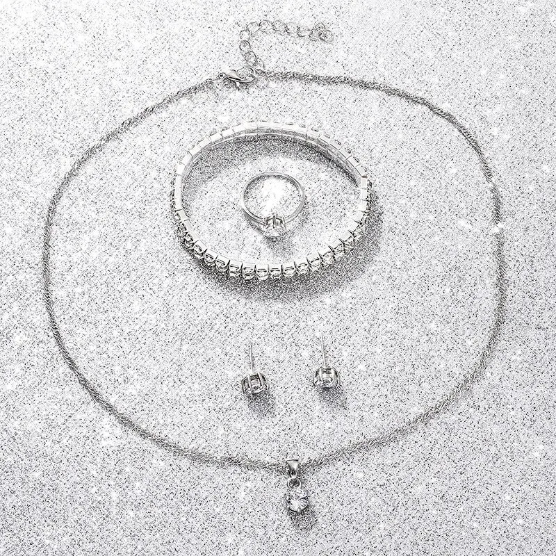 ชุดนาฬิกาหรูสีฟ้า6ชิ้นแหวนสร้อยคอต่างหูพลอยเทียม Fashion Jam Tangan สร้อยข้อมือผู้หญิงลำลองนาฬิกา