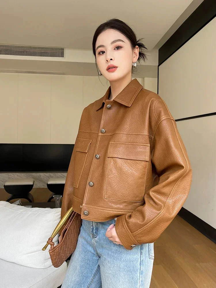 Cropped Women's Real Sheepskin Coat Spring Autumn 2024 Trend High-end Casual Motorcycle Genuine Leather Jackets