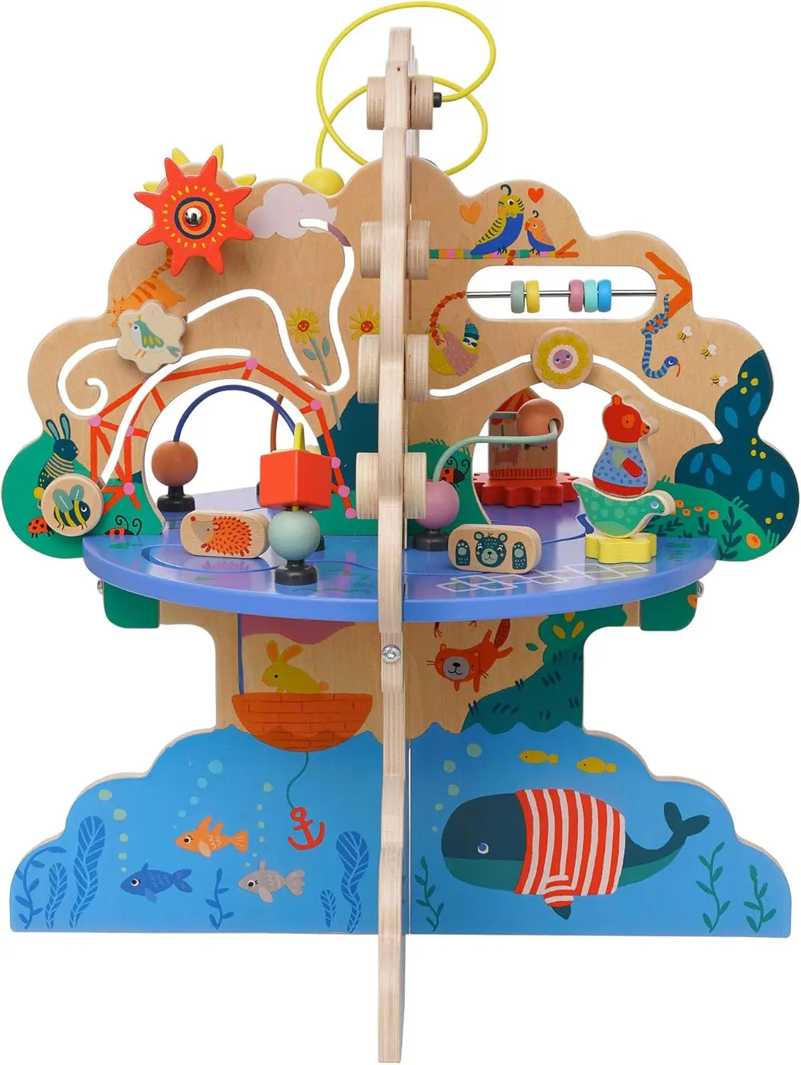 Toy Playground Adventure Wooden Toddler Activity Center with Gliders, Abacus Track, Spinners, Spring Toys and Bead Runs