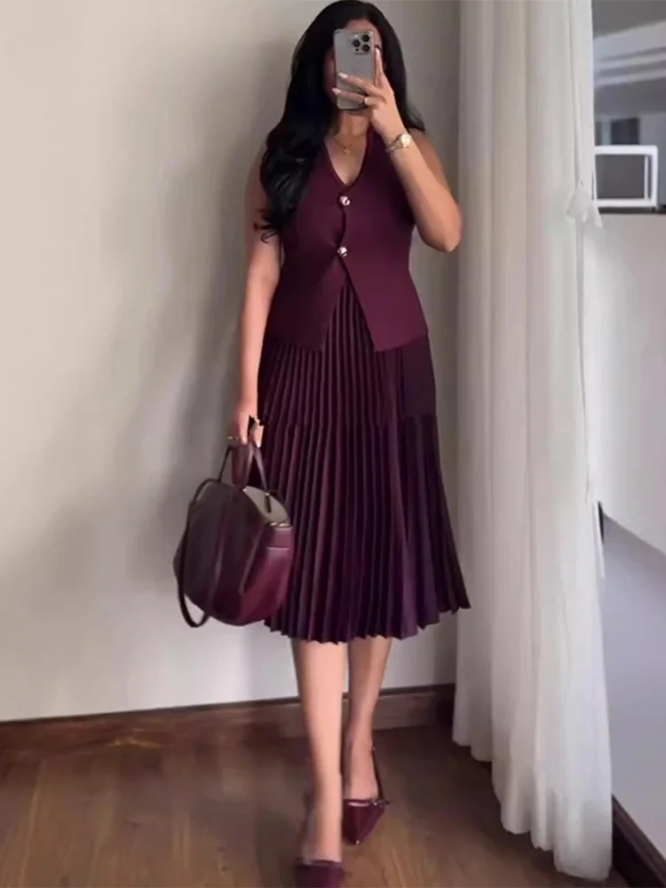 

Vintage Knit Vest Skirt Sets Women Burgundy V-neck Sleeveless Button Top High Waist Pleated Long Skirts Lady Elegant Outfit