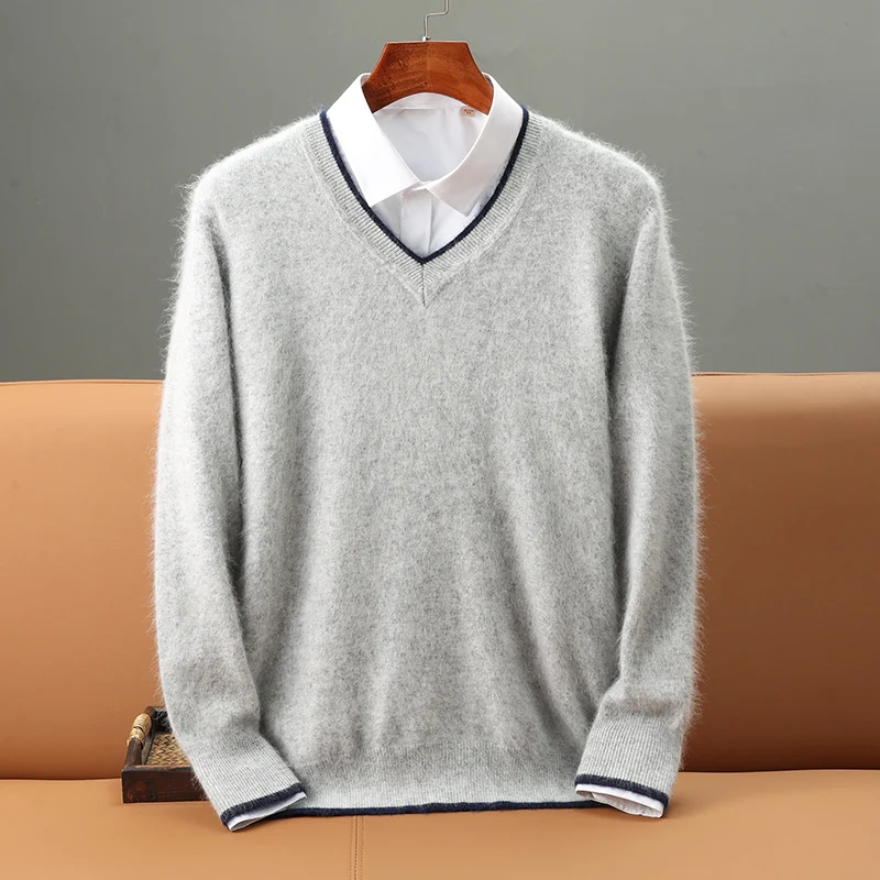 

Autumn Winter New Men's Sweater 100% Mink Cashmere Top V-Neck Knitted Pullover Casual Large Size Base Shirt warm Thick Menswear