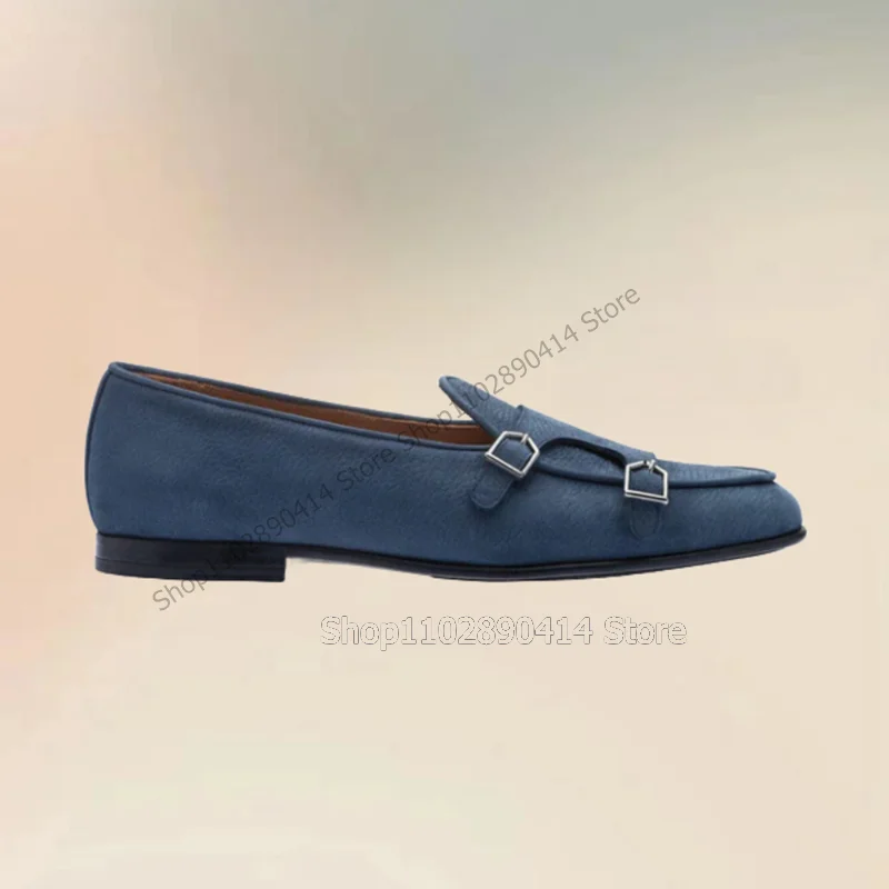 Blue Beige Buckle Decor Double Monk Men Loafers Fashion Slip On Male Shoes Luxury Handmade Party Feast Office Men Casual Shoes