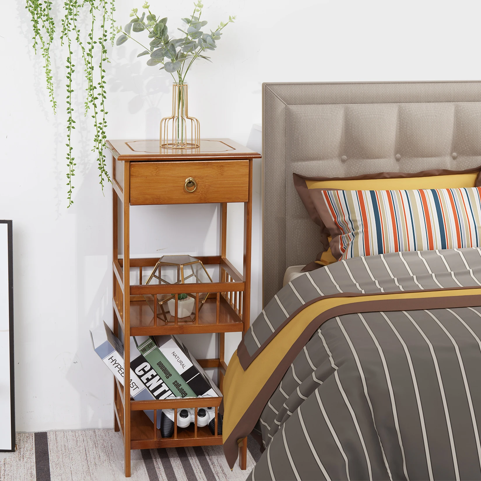 2-Tier Retro Bedside Table Bamboo Sofa Coffee End Table with Drawer Plant Display Storage Shelf Unit