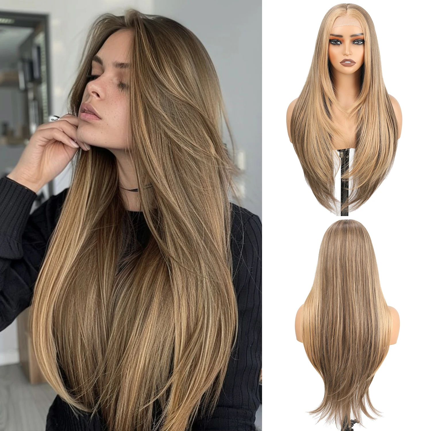 

Многослойный прямой парик с HD-кружевной передней частью 13x4 для женщин, 28 дюймов, медово-русый с коричневым оттенком, мягкий синтетический, предварительно прорезанный, с эффектом натуральной линии роста волос и синтетическими прядями Baby Hair