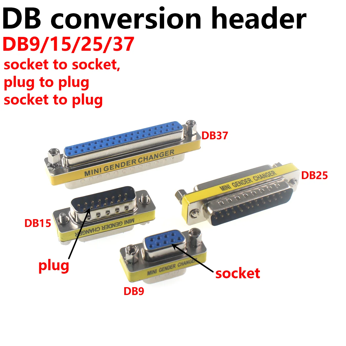 Mini Gender Changer Adapter, Serial Plug Com, 9Pin, macho para fêmea para fêmea, DB9, DB15, DB25, DB37, 5pcs