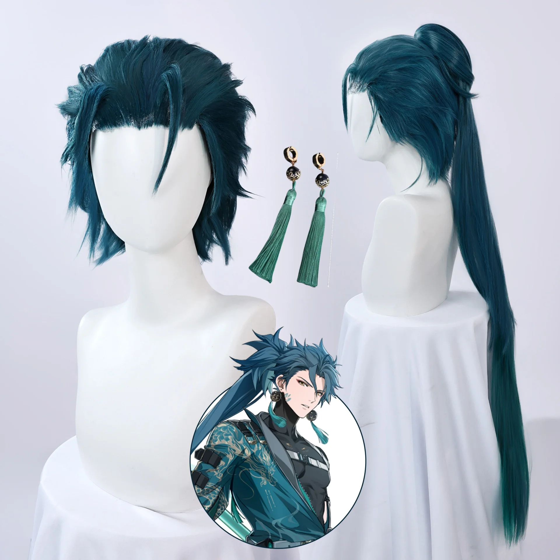 Jiyan Cosplay New Game Wuthering Waves Wig Earrings Green Long Hair Midnight Rangers General Jinzhou Jue Halloween Party For Men