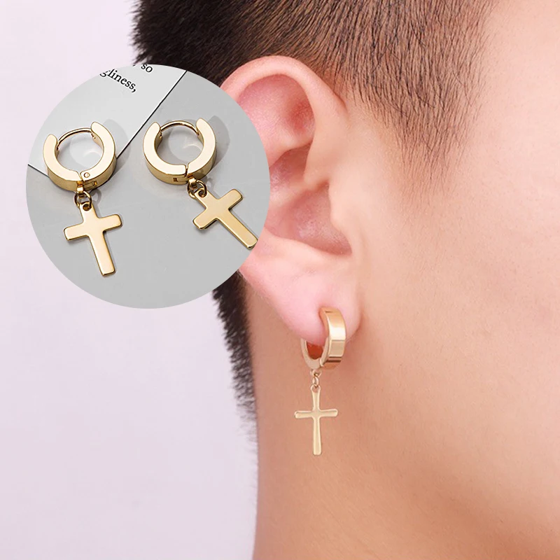 1Pair Punk Stainless Steel Cross Pendant Hoop Earrings For Men Women Not Fade Ear Rings Hip Hop Male Jewelry