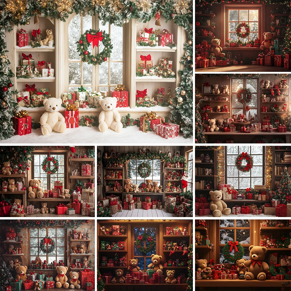 

Night Room Background Photography Toy Gift Bear Bookshelf Xmas Tree Backdrop New Year's Eve Kids Birthday Photo Studio