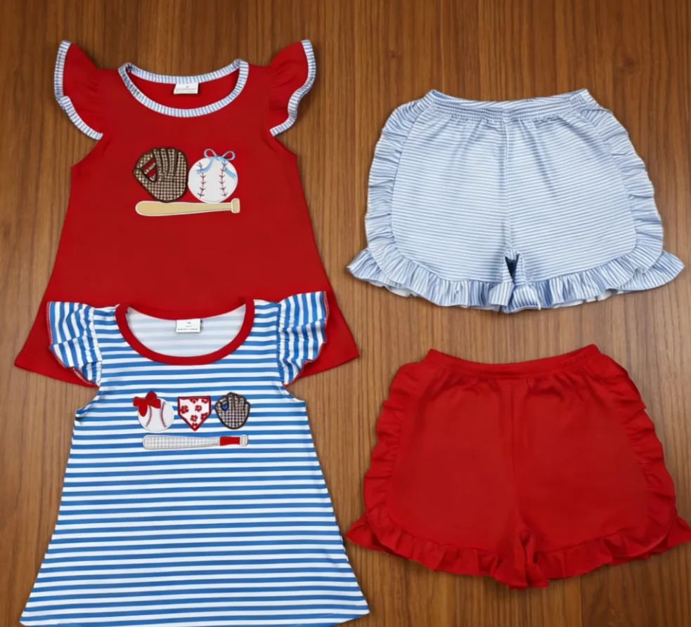 Wholesale Toddler Children Sets Girls Tunic Kids Baby Girl Embroidery Baseball Bows Clothes Stripes Shorts Summer Outfits