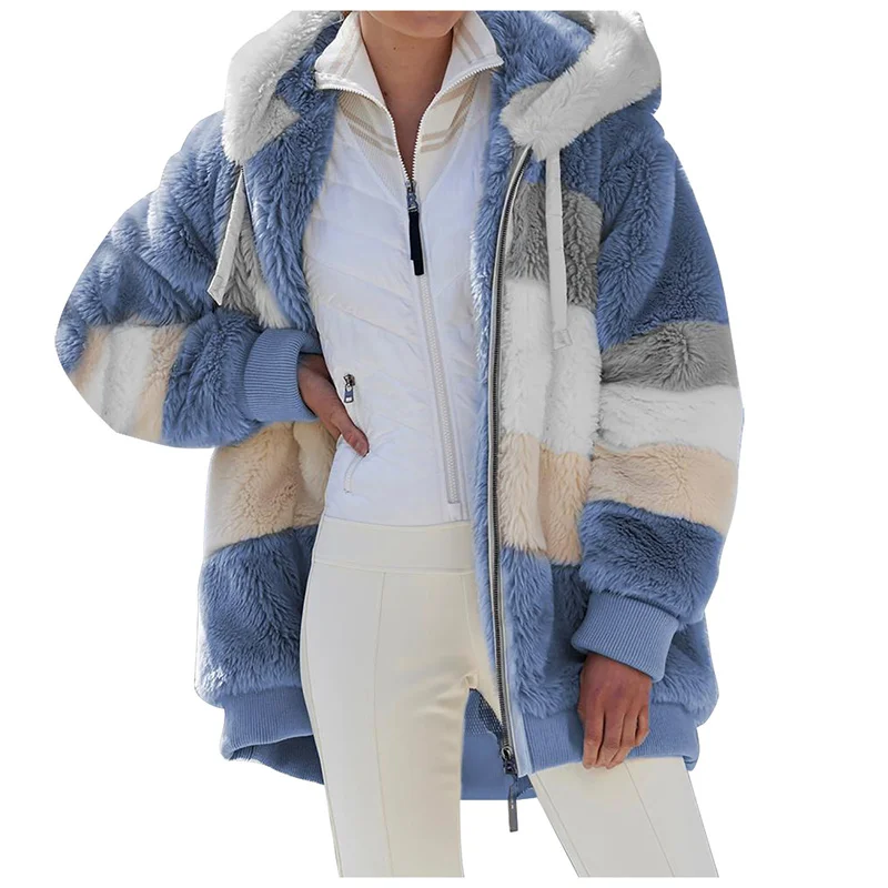 2023 Fluffy Fur Coat Women Keep Warm Short Jacket Autumn Winter Hooded Patchwork Oversize 5xl Loose Tops Female Thicken Overcoat