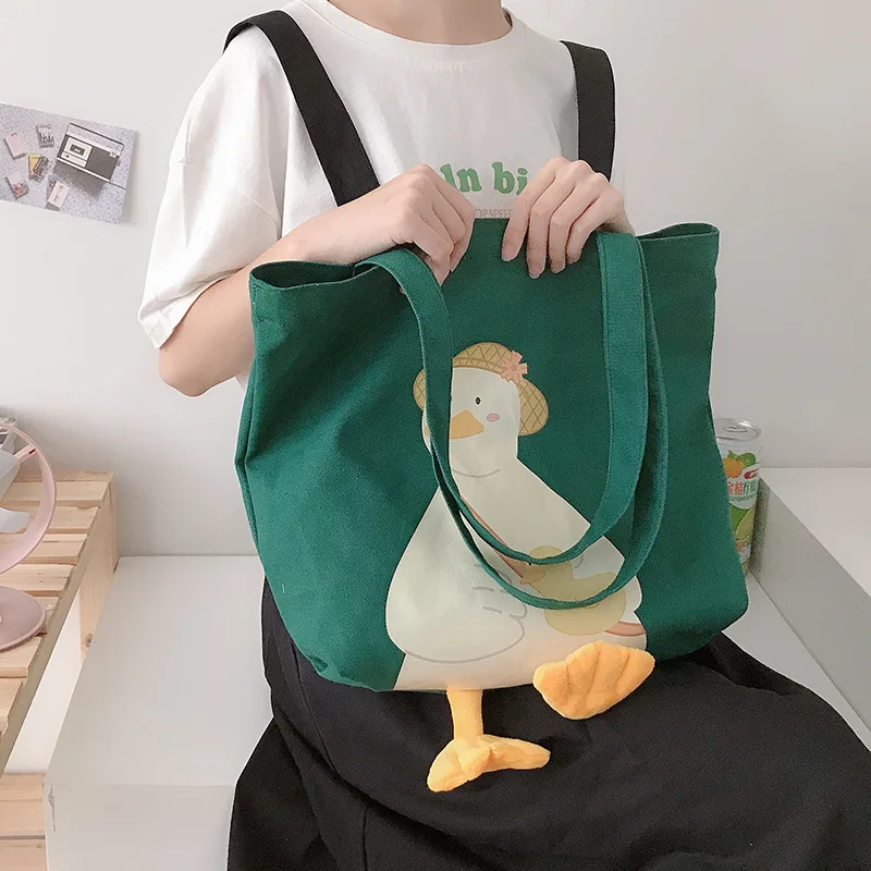 New Large Women Shoulder Shopper Bag Cute Duck Cartoon Print Casual Kawaii Canvas Tote Shopping Bag Cotton Cloth Eco Handbags