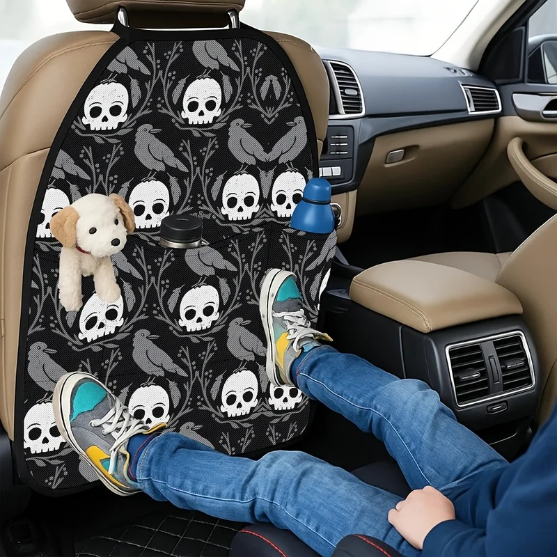 Car Seat Back Covers With Storage Pockets, Skull And Crow Gothic Pattern, Gothic Style