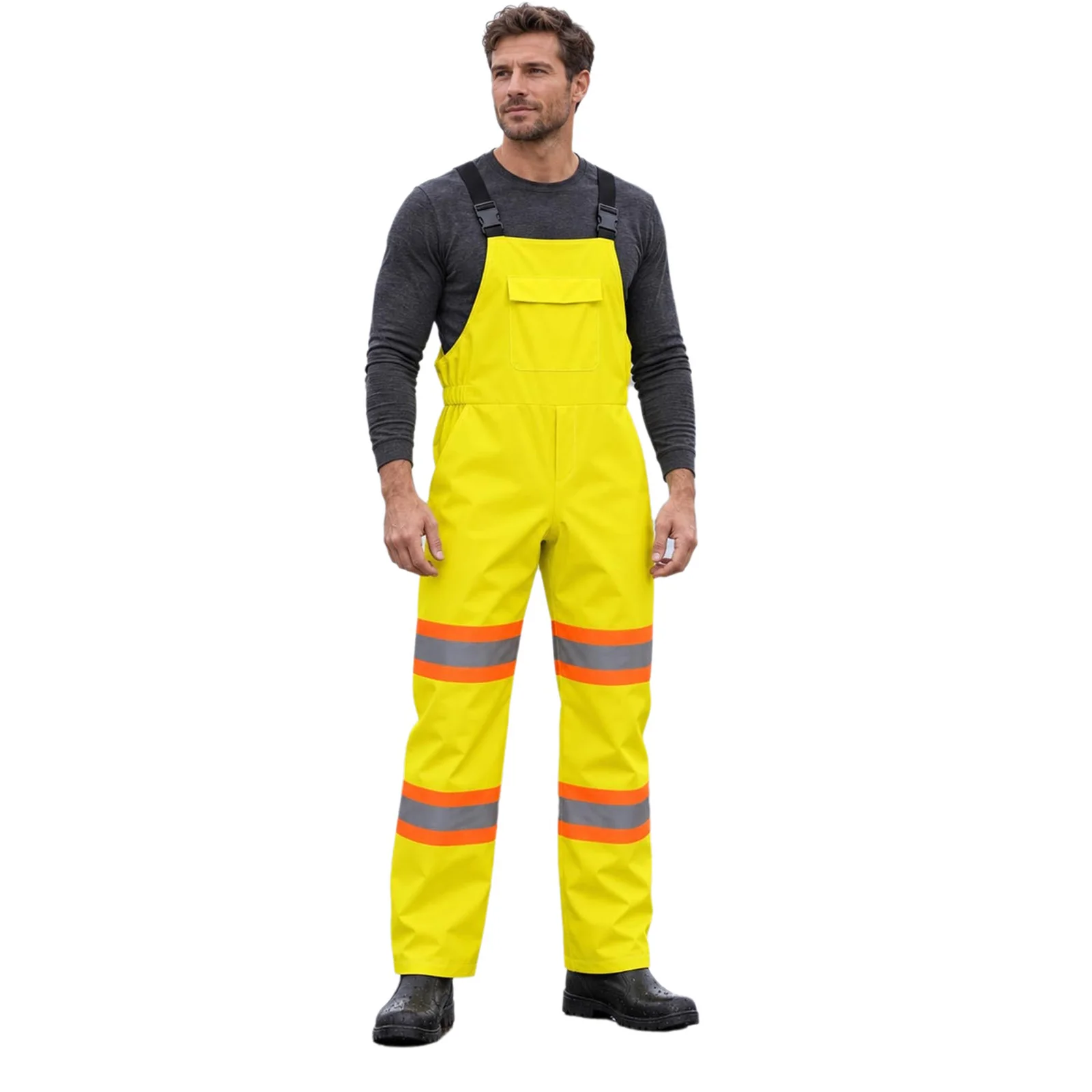 Mens Water Resistant Fishing Overalls Work Costume Adjustable Straps Elastic Back Waist Reflective Strips Bib Pants with Pockets