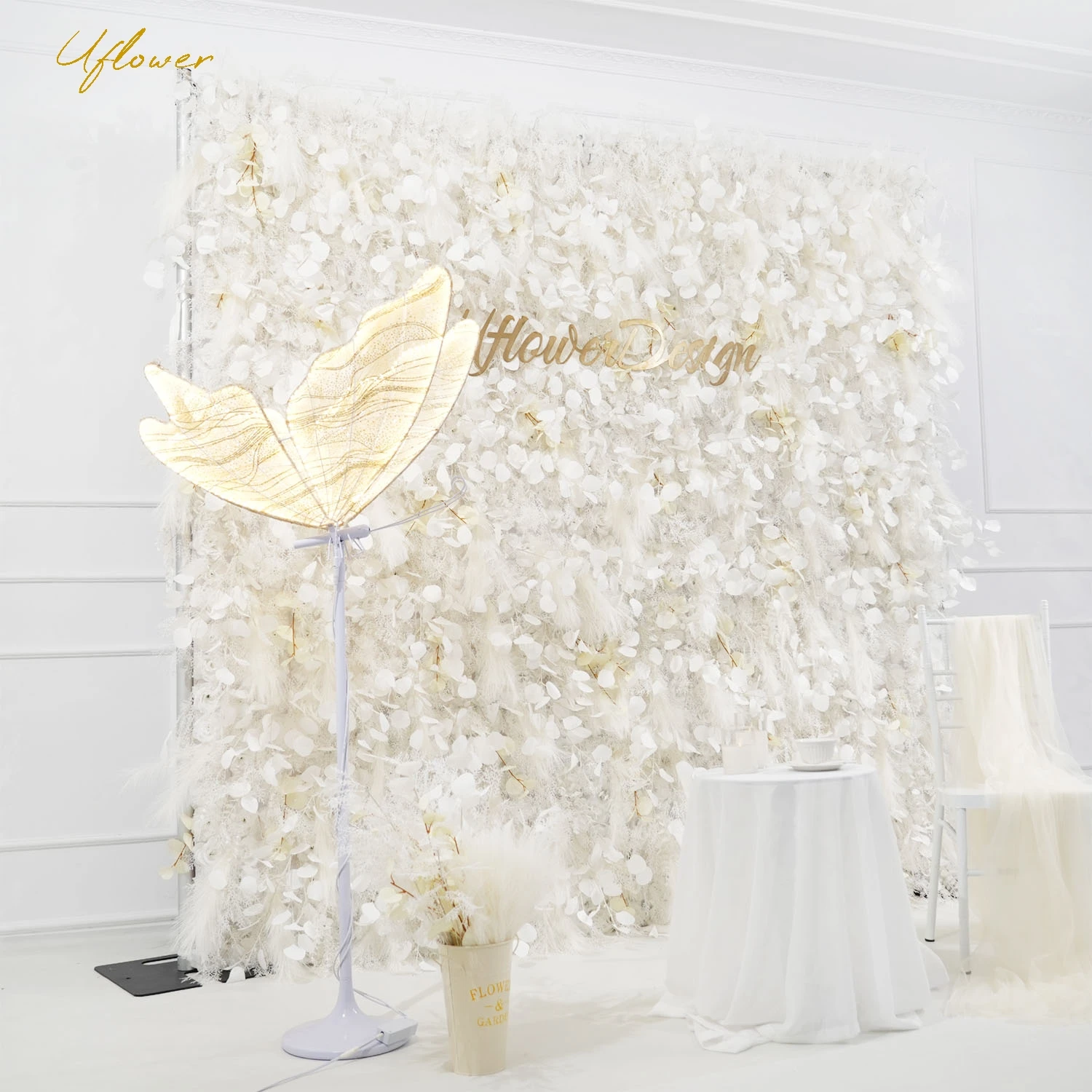 Uflower 5D White Feather Artificial Flower Wall Wedding Backdrop Floral Plant Wall Window Display Event Party Props Flower Row