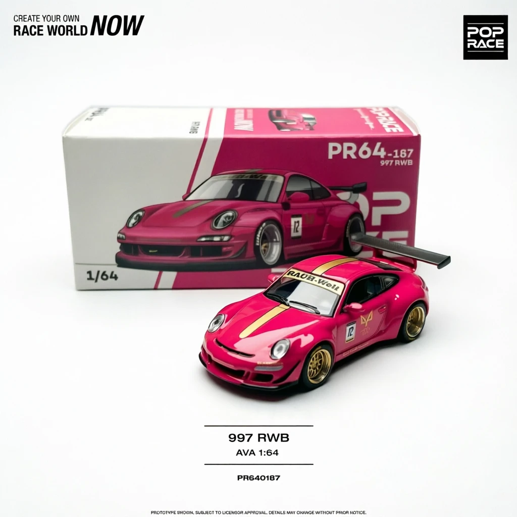 Auf Lager POPRACE 1:64 Porsche 997 RWB AVA Pink Gold Stripe Racing Livery Druckguss-Modellauto # PR640187 Versandbereit