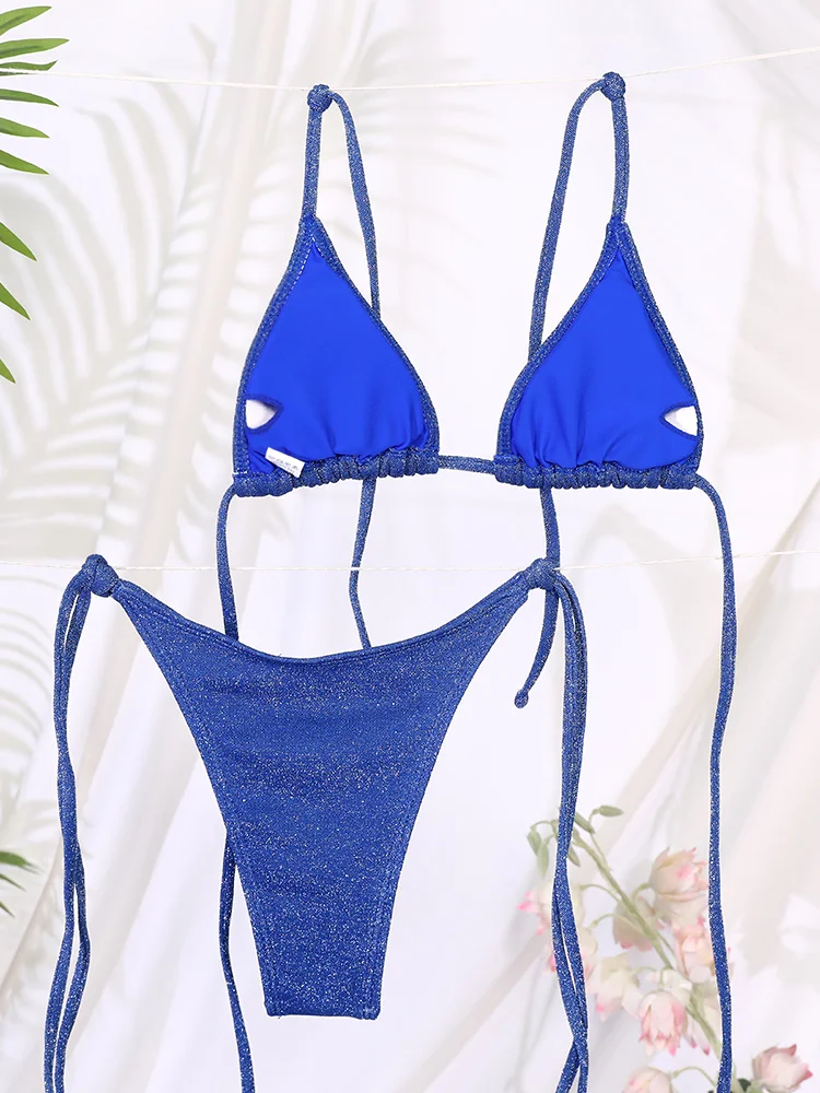 طقم بيكيني لامع للنساء ، ملابس سباحة مثلثة ، طيات صغيرة مثيرة ، بدلة سباحة ، ملابس برازيلية ، ملابس شاطئ نسائية ،