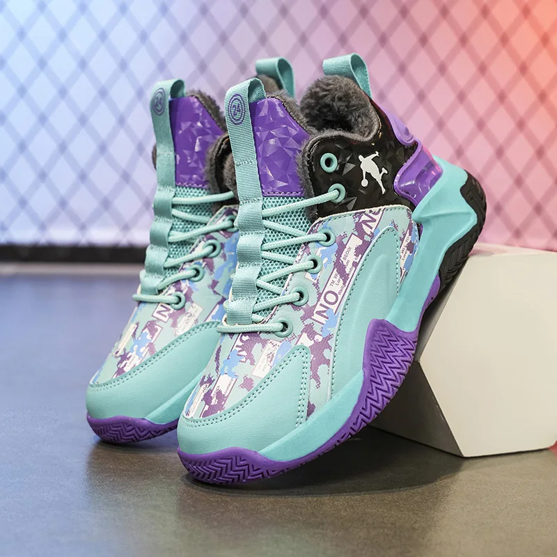 

Children's Leather Thick-soled Height-increasing Soft-soled Rebound Anti-slip Shock-absorbing Fleece Basketball Sports Shoes