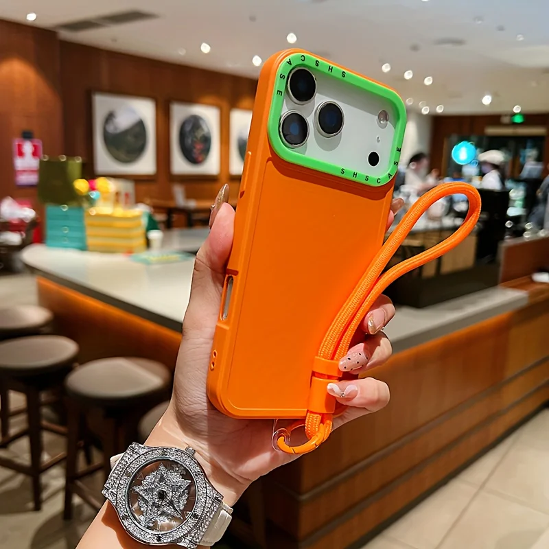 Fashion Lens Collision Color Handgelenkschlaufe-Hülle für iPhone 17, 16, 15, 14, 13, 12, 11, Pro Max Plus 17, Luftmatte, Silikon-Lanyard-Abdeckung