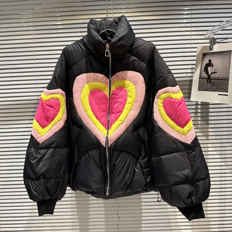 Heart-Shaped Print Down Jacket Women High Quality Parkas Spliced Fashion Couples Cotton Coat Thick Warm Winter Jacket Female