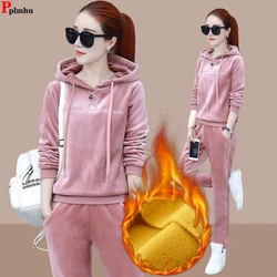 Winter Thick Velvet 2 Pieces Sets Hooded Casual Sweatshirt Outfit High Waist Straight Pants Suits Warm Velveteen Lined Tracksuit