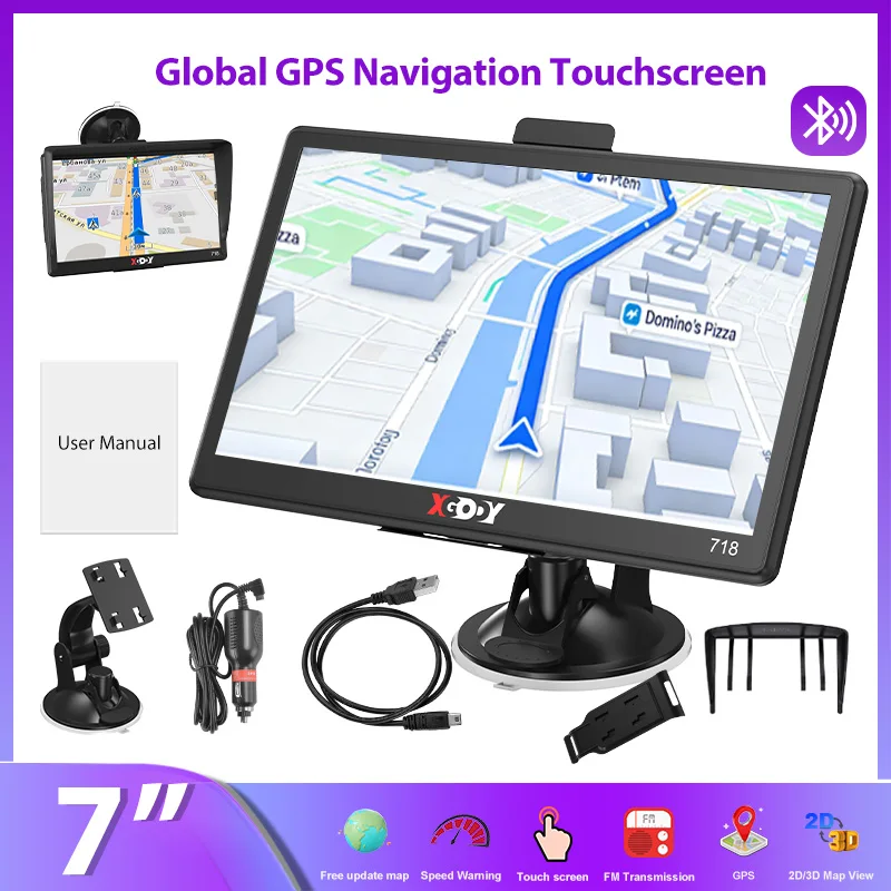 Système de navigation GPS 7 pouces 8 Go + 256 Mo pour voiture, camion, fourgon, vélo, bus avec écran tactile FM, moniteur portable