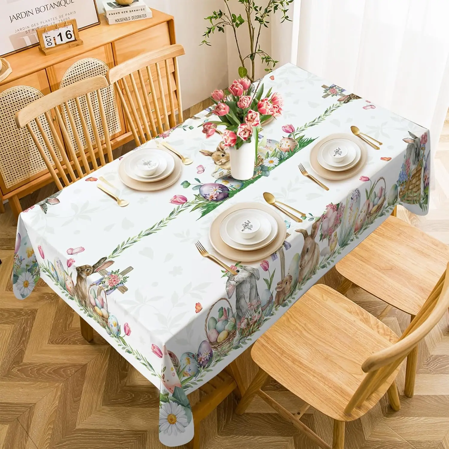 Easter Bunny Eggs Printed Waterproof Tablecloth Dining Table Decor Spring Tulip Flower Rectangle Table Cloth Holiday Party Decor